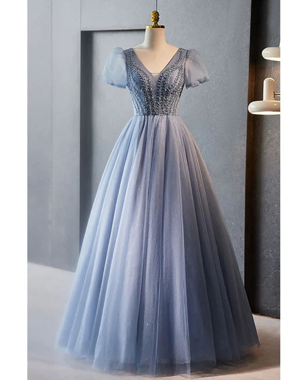 Luolandi Unique and beautiful sky blue beaded rhinestone fluffy short sleeved ball dress A-shaped princess V-neck backless strap and ground length evening dress Prom Dress